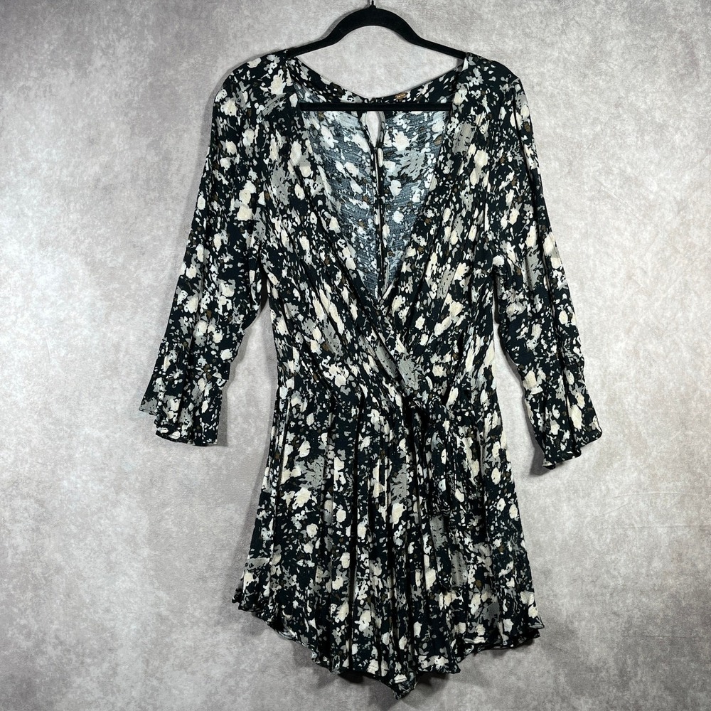 Free People All the Right Ruffles‎ Romper Womens S Raven Combo Faux Wrap Boho
